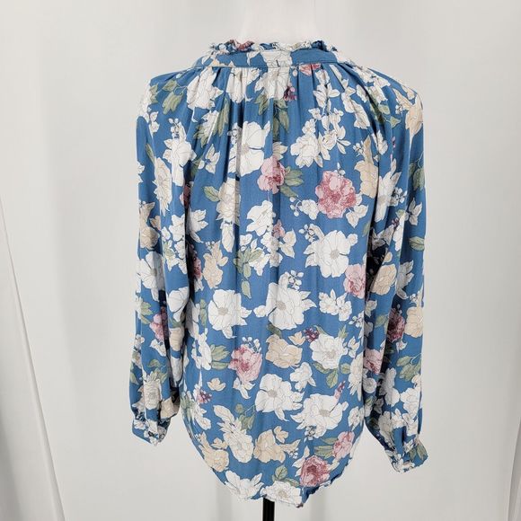 Alex & Jordan Blouse Womens Small Floral Blue Ruffle V Neck - Picture 2 of 10